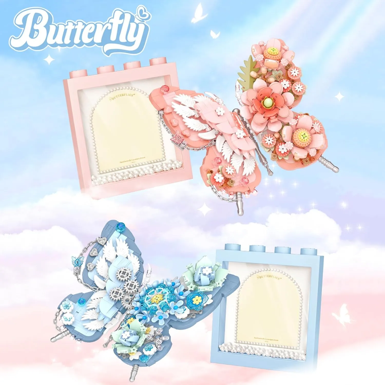MEIEST Butterfly Picture Frame Building Blocks Set,Creative Flowers Building Set with Exquisite Frame,Fantasy Building Bricks Toys,Home Decor (Blue)