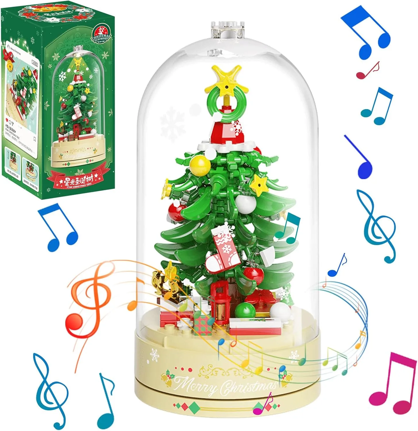 MEIEST Christmas Tree Building Blocks Music Box Set with Dust-Proof Dome,Xmas Holiday Construction Toy Gift,Home Decor (Starlight Christmas Tree)