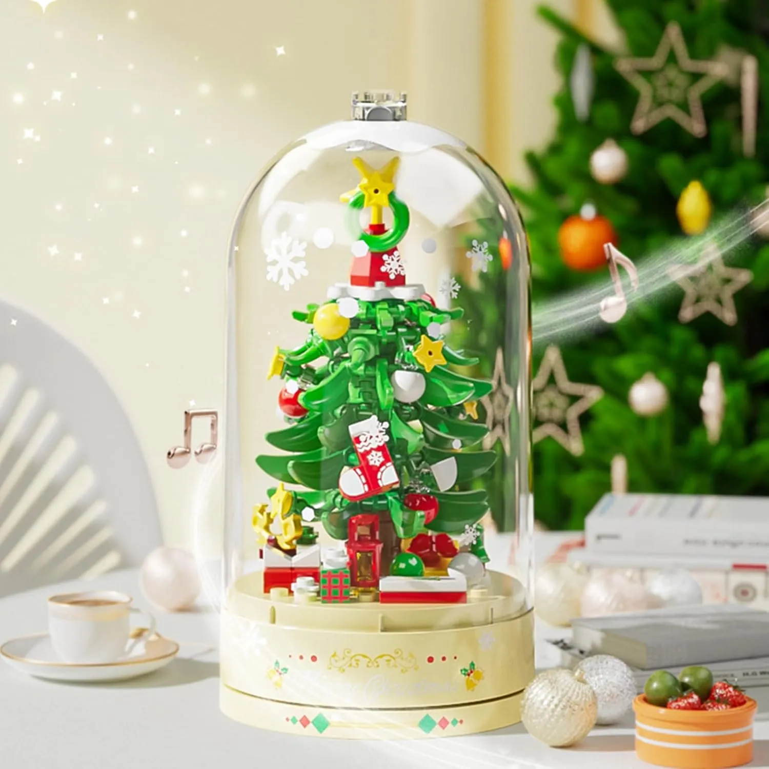 MEIEST Christmas Tree Building Blocks Music Box Set with Dust-Proof Dome,Xmas Holiday Construction Toy Gift,Home Decor (Starlight Christmas Tree)