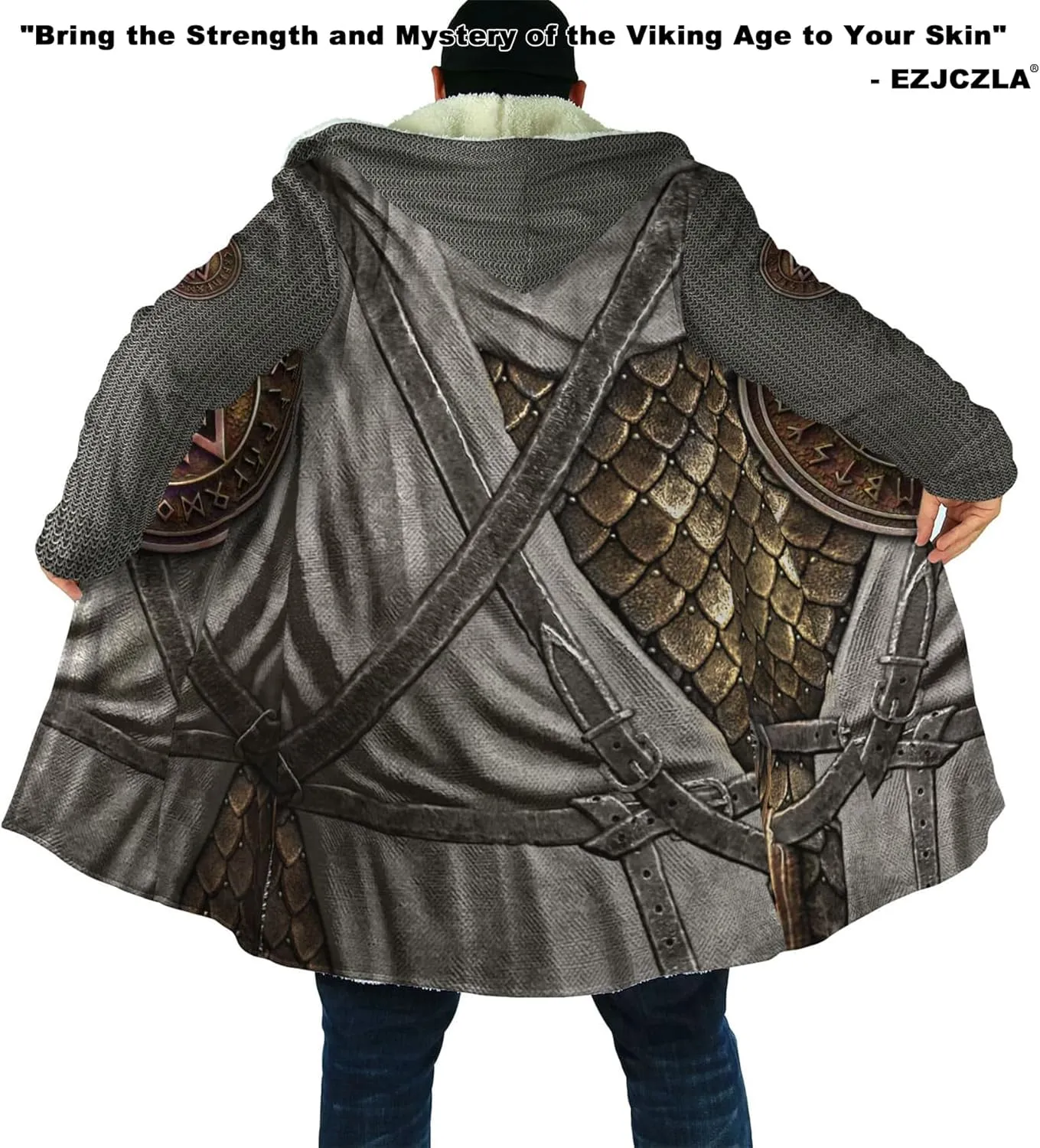 Men's Winter Warm Fleece Parka Jacket 3D Full Print Viking Medieval-Inspired Hooded Cloak Two Pocket Outdoor Couple Cape