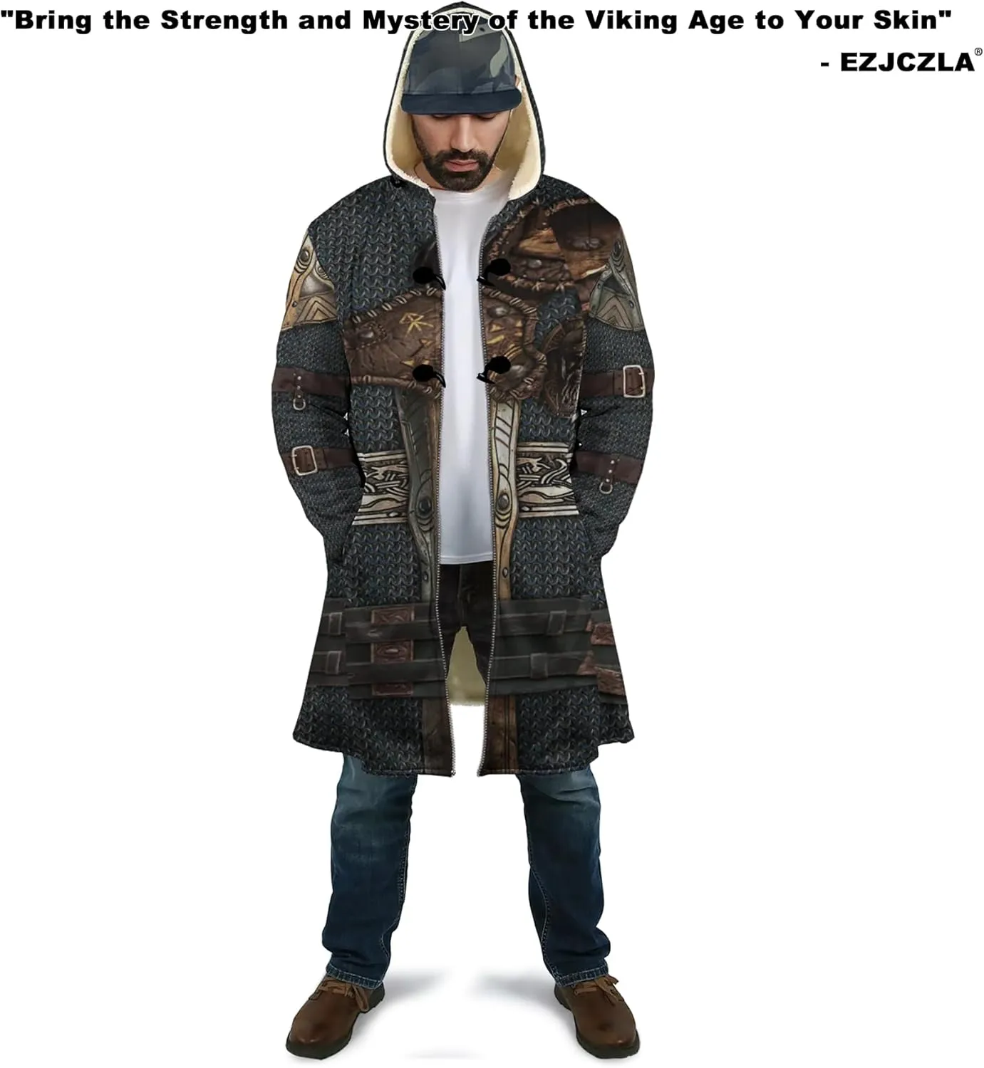 Men's Winter Warm Fleece Parka Jacket 3D Full Print Viking Medieval-Inspired Hooded Cloak Two Pocket Outdoor Couple Cape