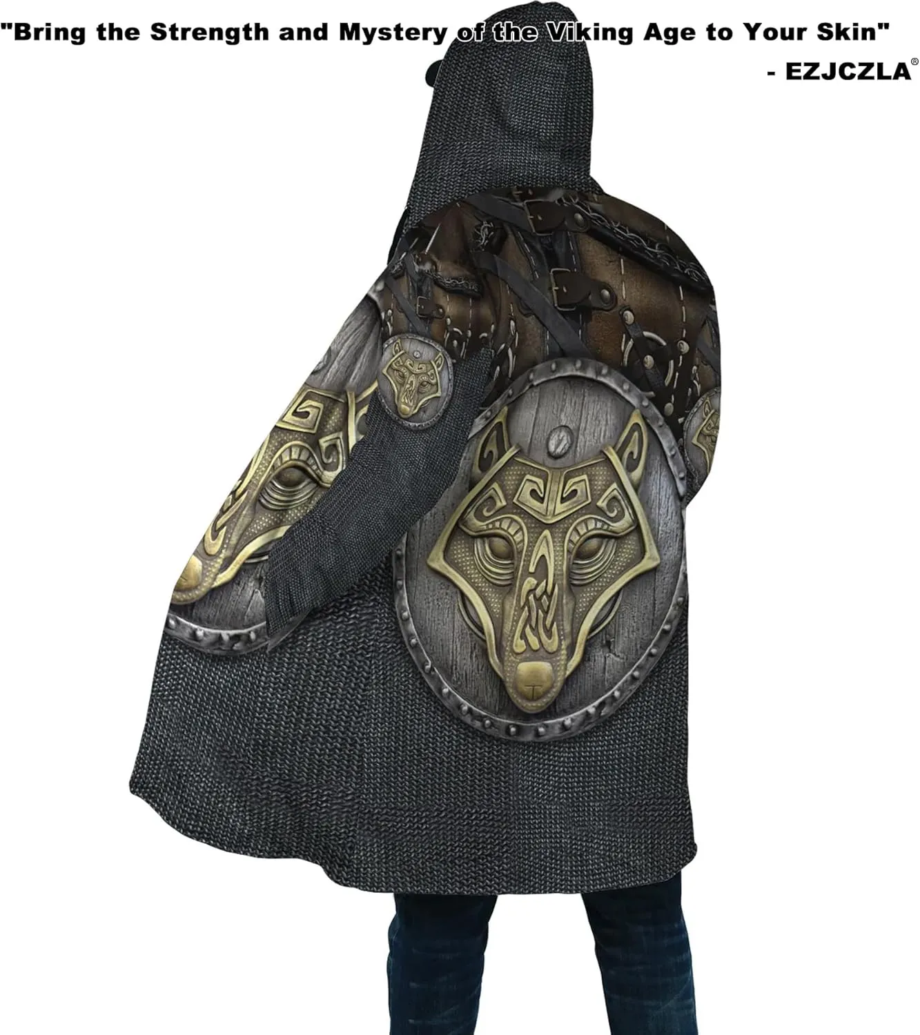 Men's Winter Warm Fleece Parka Jacket 3D Full Print Viking Medieval-Inspired Hooded Cloak Two Pocket Outdoor Couple Cape