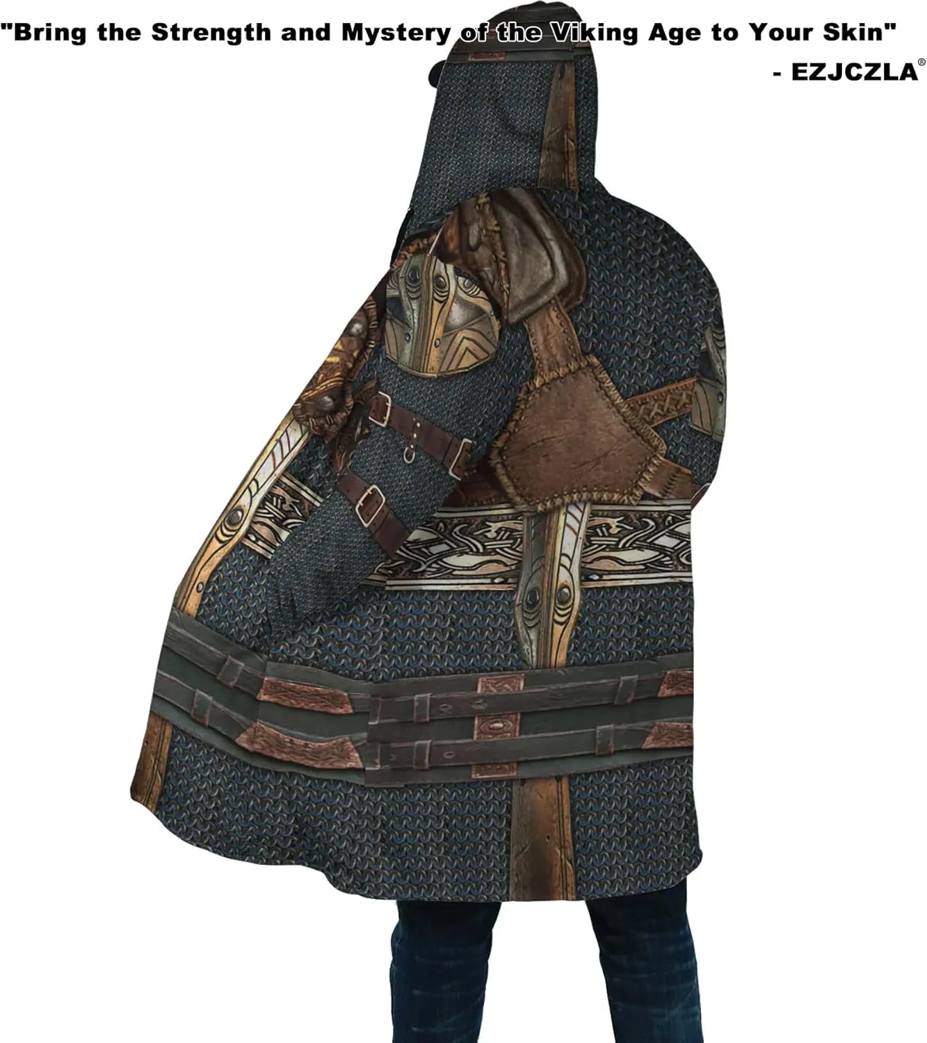 Men's Winter Warm Fleece Parka Jacket 3D Full Print Viking Medieval-Inspired Hooded Cloak Two Pocket Outdoor Couple Cape