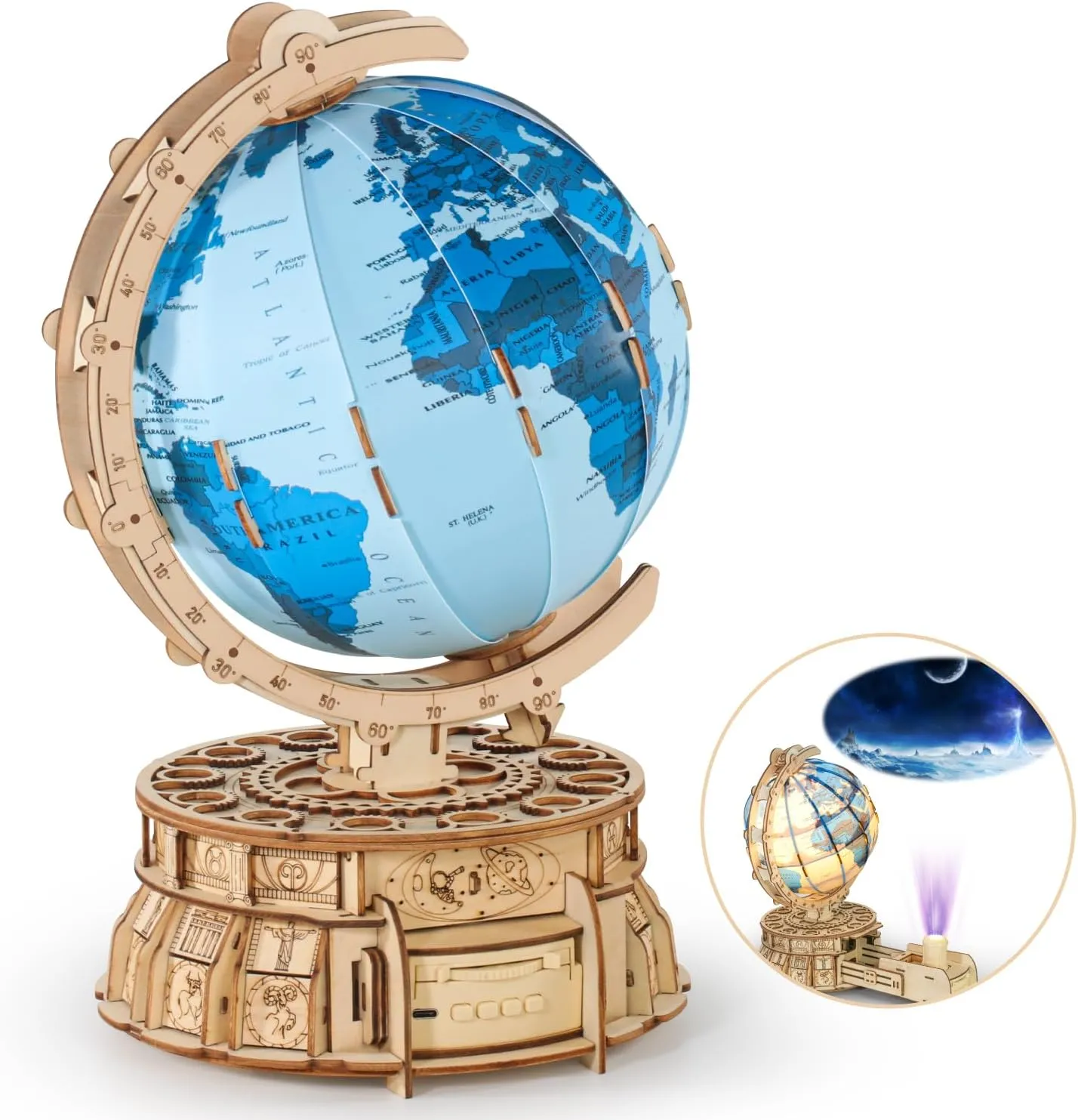 MIEBELY 3D Wooden Puzzles Globe for Adults, Globe Desk Decor Music Box with Stand, LED Wood 3D Puzzles Model Building Kits, STEM Building Blocks kit, Birthday Gifts for kids for Boys and Girls Ages 8 