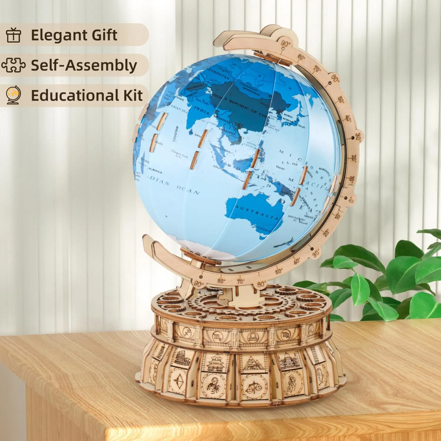 MIEBELY 3D Wooden Puzzles Globe for Adults, Globe Desk Decor Music Box with Stand, LED Wood 3D Puzzles Model Building Kits, STEM Building Blocks kit, Birthday Gifts for kids for Boys and Girls Ages 8 