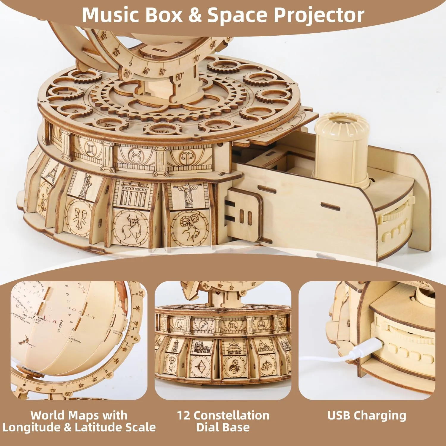 MIEBELY 3D Wooden Puzzles Globe for Adults, Globe Desk Decor Music Box with Stand, LED Wood 3D Puzzles Model Building Kits, STEM Building Blocks kit, Birthday Gifts for kids for Boys and Girls Ages 8 