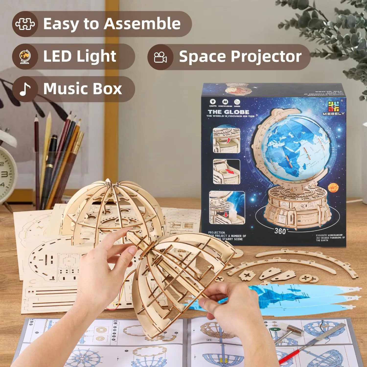 MIEBELY 3D Wooden Puzzles Globe for Adults, Globe Desk Decor Music Box with Stand, LED Wood 3D Puzzles Model Building Kits, STEM Building Blocks kit, Birthday Gifts for kids for Boys and Girls Ages 8 