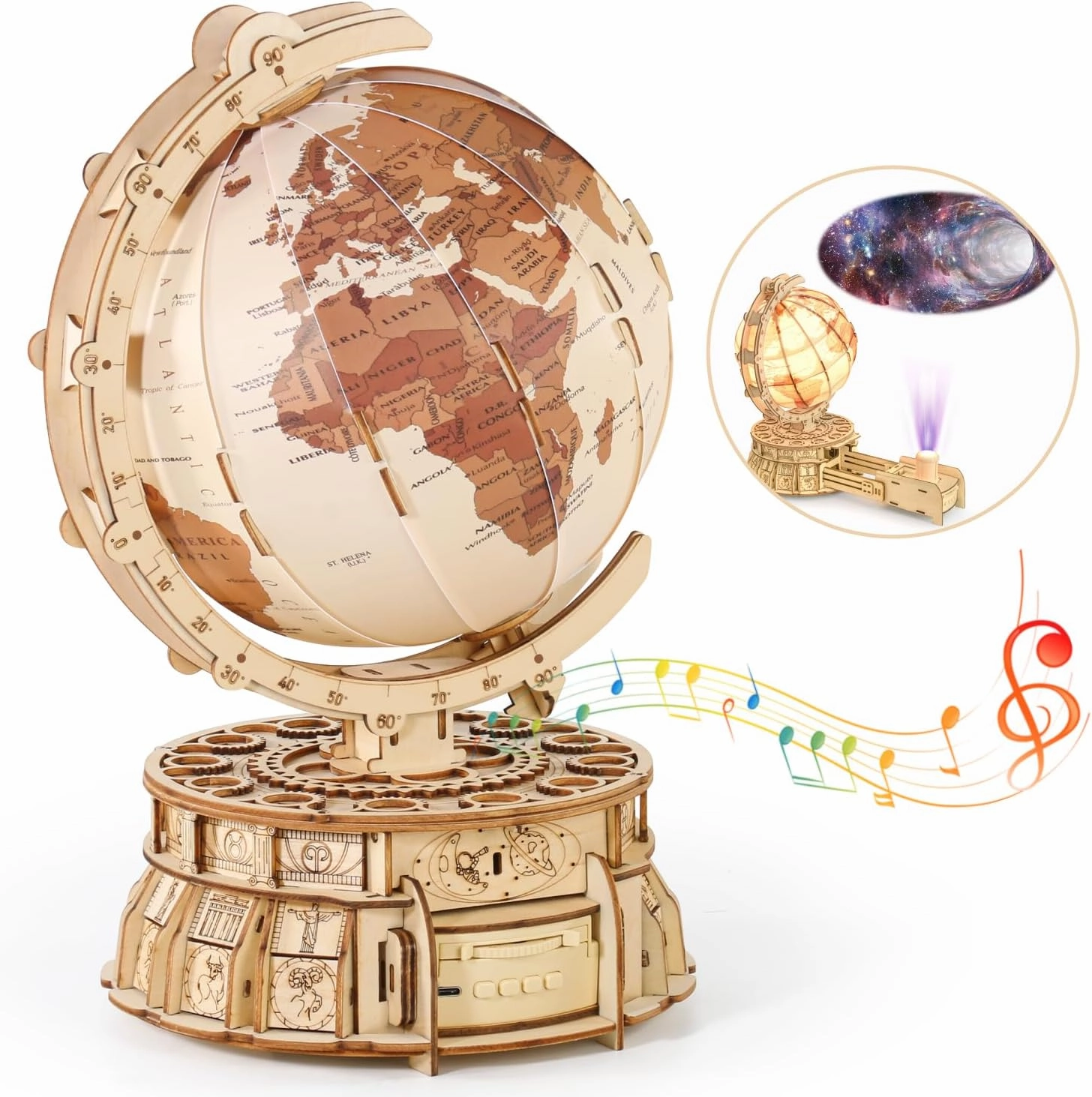 MIEBELY 3D Wooden Puzzles for Adults USB Charging Illuminated Globe Music Box DIY LED Wood Model Building Kits with Space Projector Stem Toys for Kids Desk Decor for Boys/Girls Ages 8 