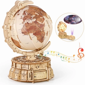 MIEBELY 3D Wooden Puzzles for Adults USB Charging Illuminated Globe Music Box DIY LED Wood Model Building Kits with Space Projector Stem Toys for Kids Desk Decor for Boys/Girls Ages 8 