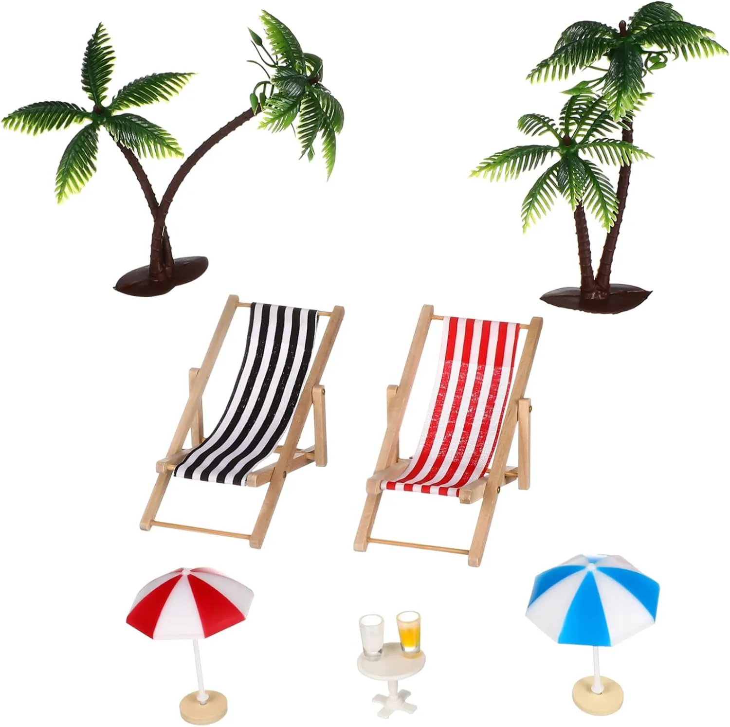 Miniature Beach Ornament Set Doll House Accessories with Palm Trees Parasols Deckchairs Beverages for Creative Fairy Garden Decor All Ages