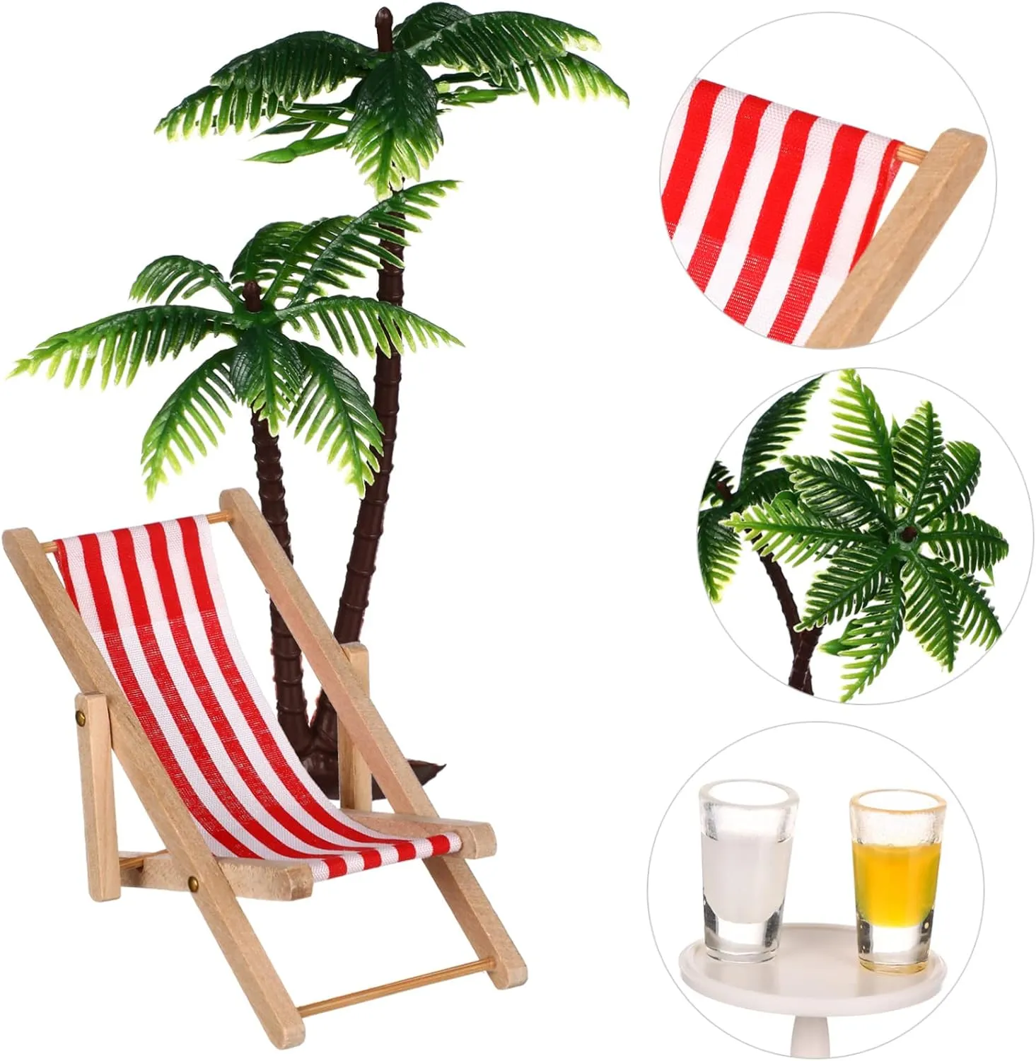 Miniature Beach Ornament Set Doll House Accessories with Palm Trees Parasols Deckchairs Beverages for Creative Fairy Garden Decor All Ages