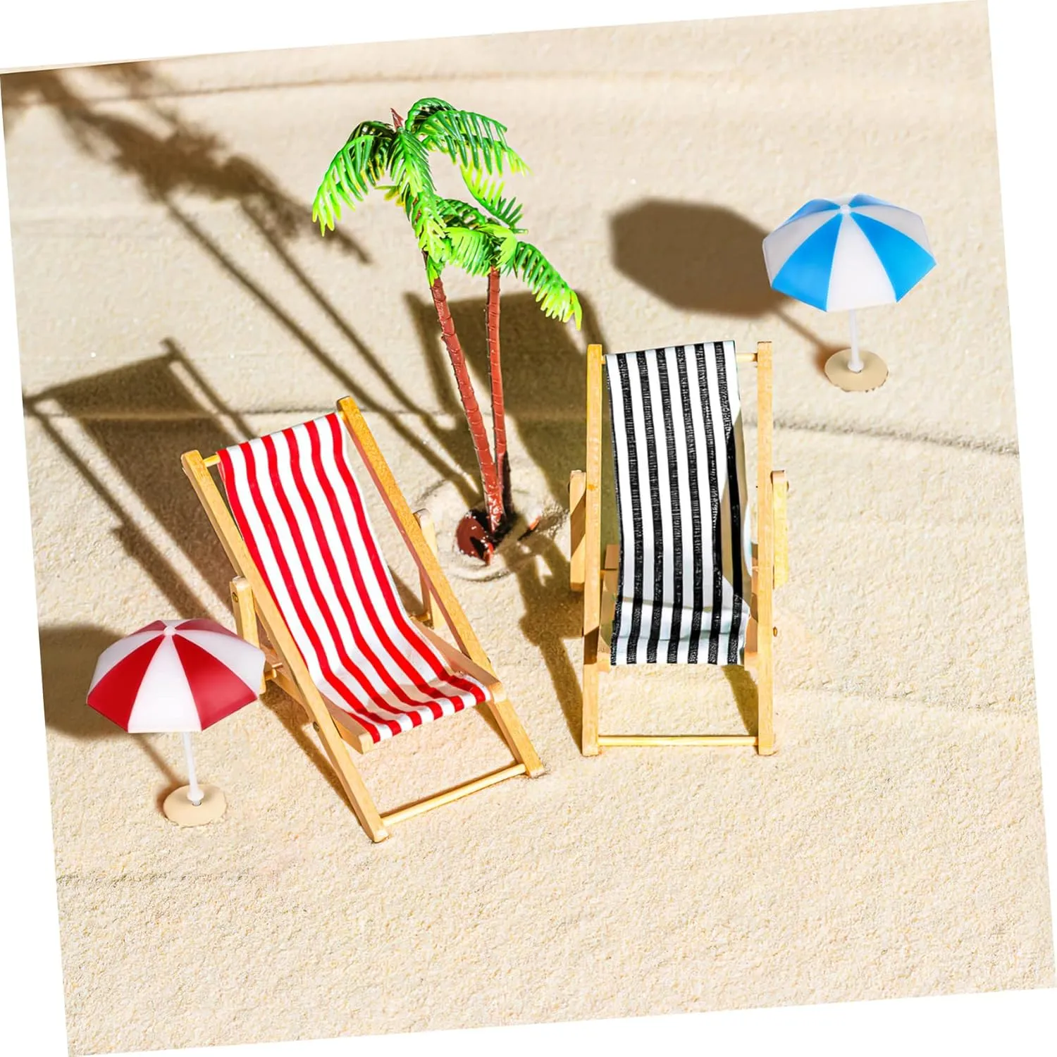 Miniature Beach Ornament Set Doll House Accessories with Palm Trees Parasols Deckchairs Beverages for Creative Fairy Garden Decor All Ages