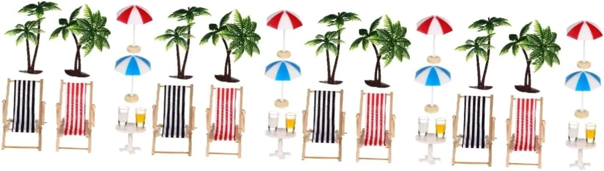 Miniature Beach Ornament Set Doll House Accessories with Palm Trees Parasols Deckchairs Beverages for Creative Fairy Garden Decor All Ages