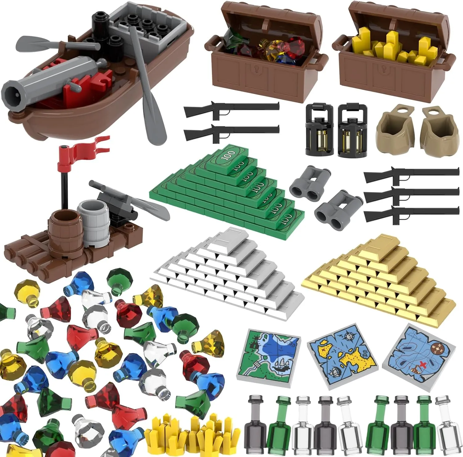 Money Bank Accessories Building Block, Pirate Ships Maps Treasure Chest City 100 Dollar Jewel Gems Diamonds Gold Bar Coins Bricks Pieces, Crystals Bill Cash Parts Sets
