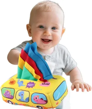 Montessori Baby Tissue Box Toy for 6-12 Months - Soft Crinkle Sensory Toys with ABC, Numbers & 8 Textured Squares | Infant Toddler Learning Gift, Stocking Stuffer (Yellow)