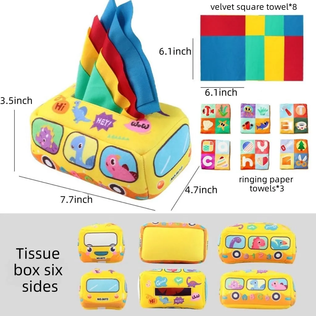 Montessori Baby Tissue Box Toy for 6-12 Months - Soft Crinkle Sensory Toys with ABC, Numbers & 8 Textured Squares | Infant Toddler Learning Gift, Stocking Stuffer (Yellow)