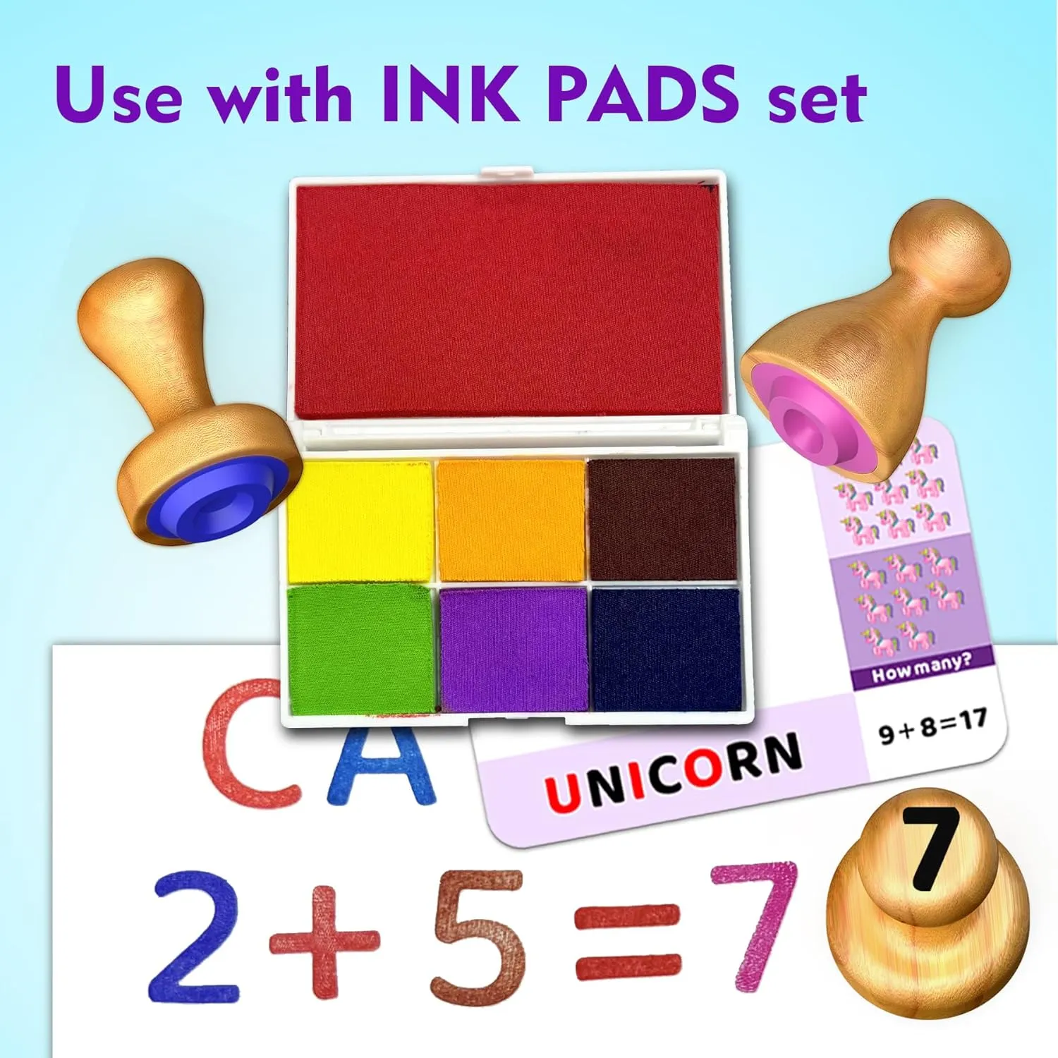 Montessori Wooden Letter & Number Stamps Set with 7-Color Ink Pads, ABC 123 Flashcards & Math Games - Preschool Learning Toys for 3-5 Year Olds, Safe Toddler Art Supplies, Alphabet Stamping Kit