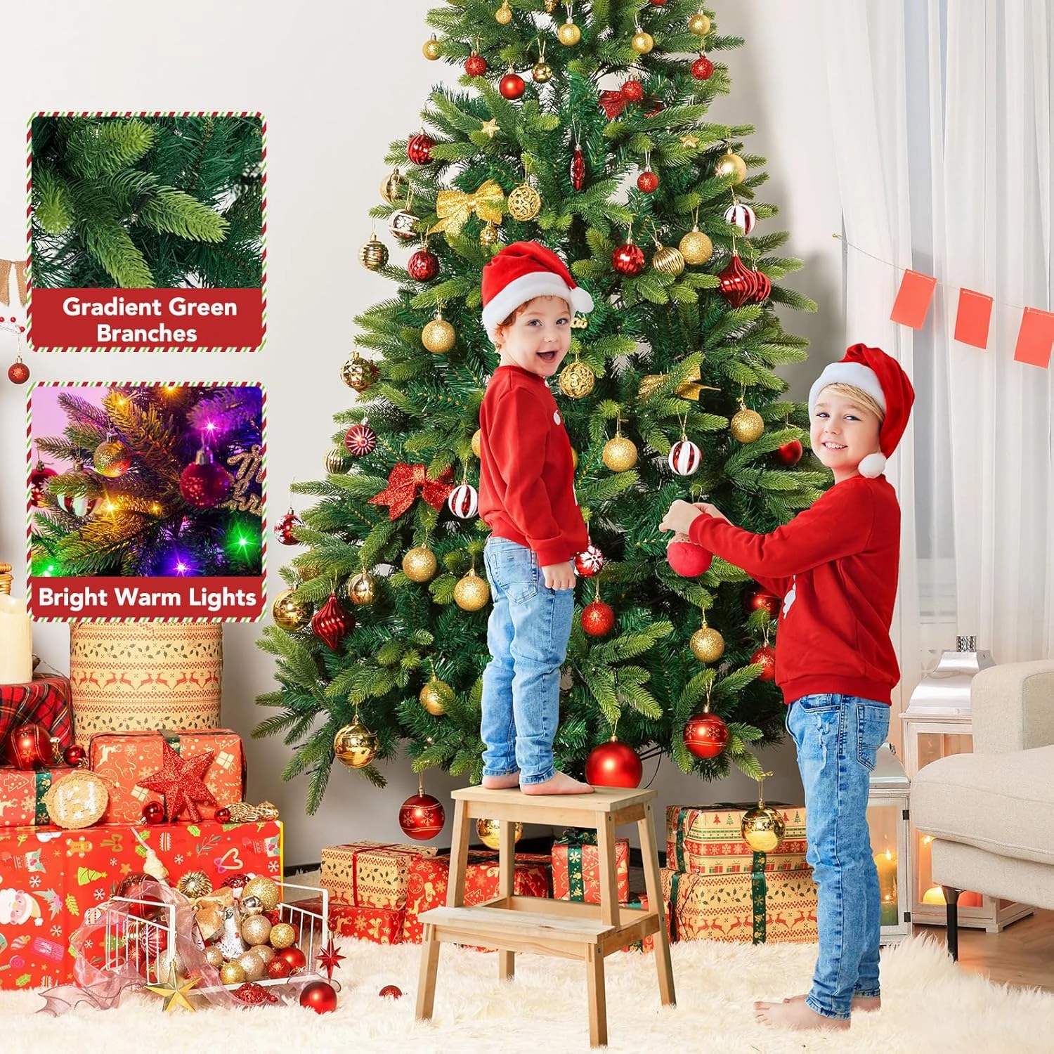 NALONE 7FT Pre-Lit Christmas Tree with Remote Control and Timer, Artificial Gradient Green Christmas Tree with 623 Tips, 400 Warm White/Multi-Color Lights, 9 Lighting Modes(Green Gradient Tree, 7 FT)