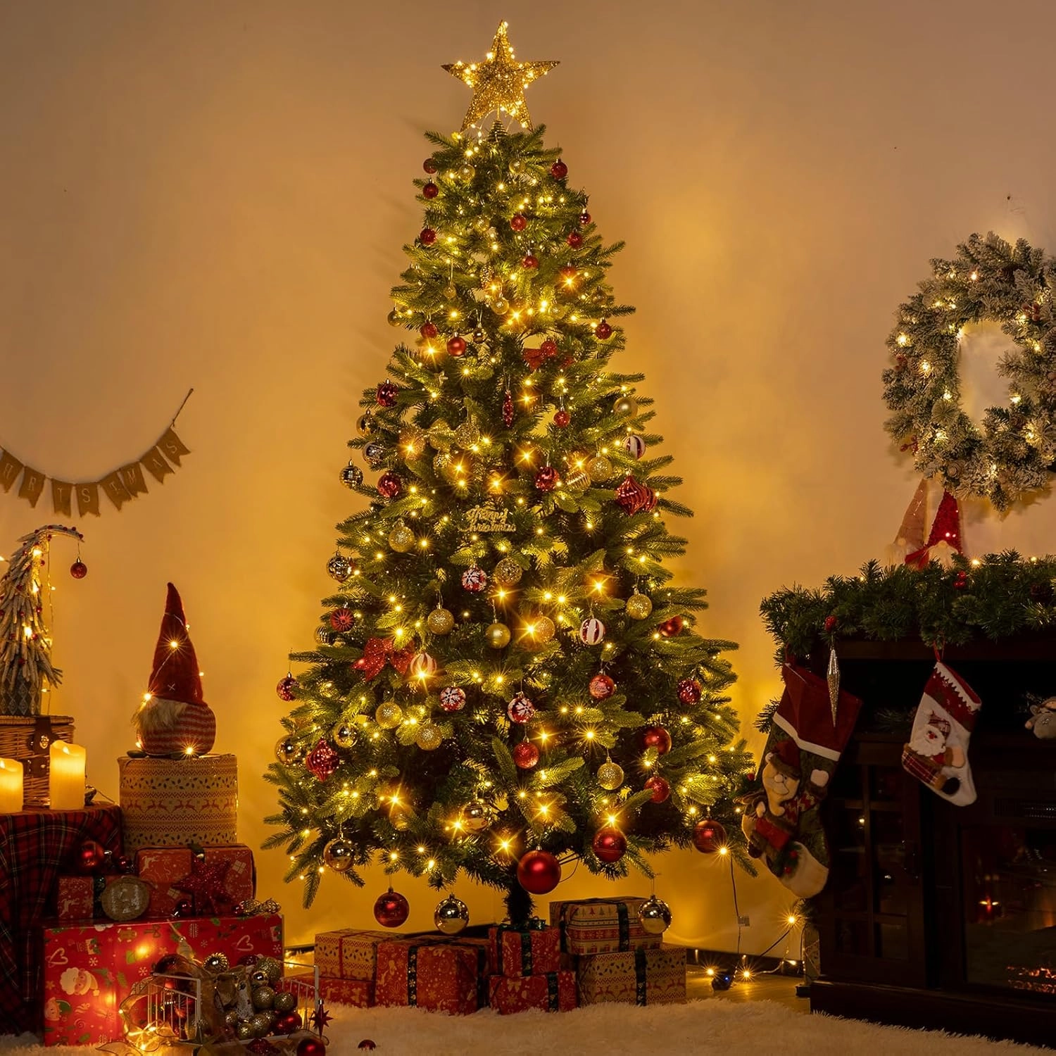 NALONE 7FT Pre-Lit Christmas Tree with Remote Control and Timer, Artificial Gradient Green Christmas Tree with 623 Tips, 400 Warm White/Multi-Color Lights, 9 Lighting Modes(Green Gradient Tree, 7 FT)