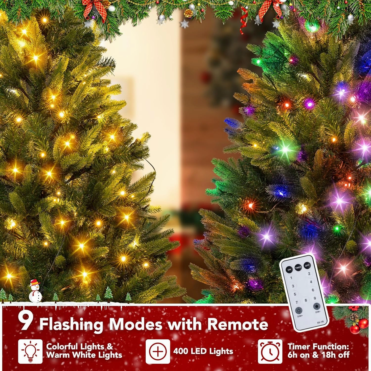 NALONE 7FT Pre-Lit Christmas Tree with Remote Control and Timer, Artificial Gradient Green Christmas Tree with 623 Tips, 400 Warm White/Multi-Color Lights, 9 Lighting Modes(Green Gradient Tree, 7 FT)