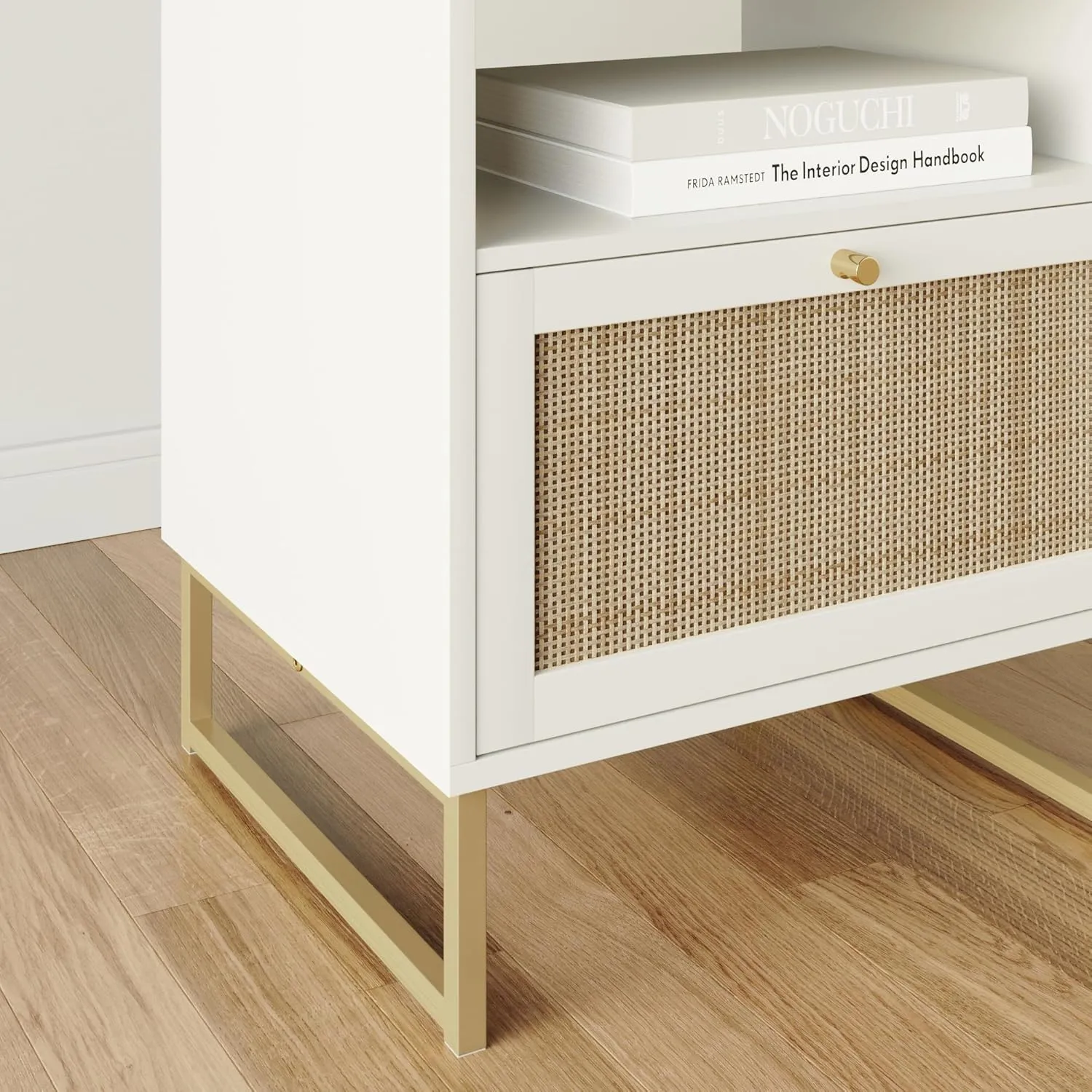 Nathan James Mina Rattan Wood End Side Accent Table Nightstand with Storage for Living Room or Bedroom, 1, White/Gold
