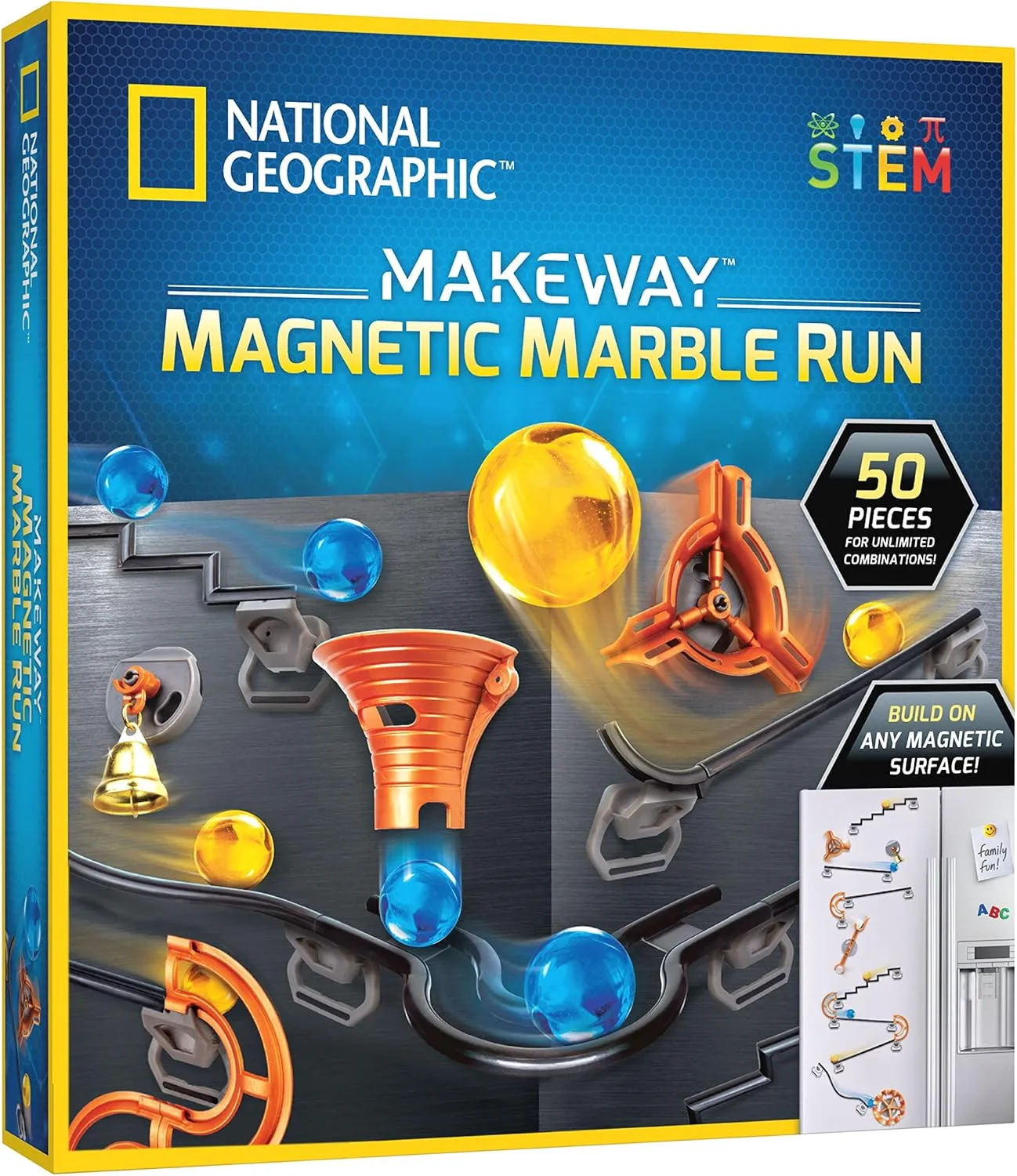 NATIONAL GEOGRAPHIC Magnetic Marble Run - 50-Piece STEM Building Set for Kids & Adults with Magnetic Track & Trick Pieces, & Marbles for Building A Marble Maze Anywhere Magnets Stick