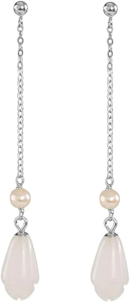 New 2026 Unisex Stainles Stell 925 Sterling Silver Jade Earrings Pearl Magnolia Flower Eardrops Vintage Jewelry Fashion Trendy Accessories Creative Gift For Women And Men