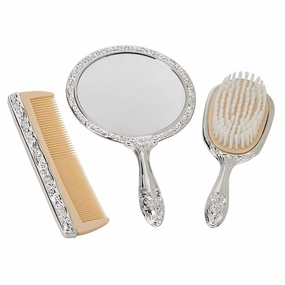 Nickel Plated Brass, Non-Tarnished 3-Piece Vanity Set, Brush, Comb, Mirror Set with Embossed Ornate Vintage Designs, Gift Box Included