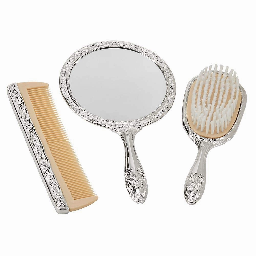 Nickel Plated Brass, Non-Tarnished 3-Piece Vanity Set, Brush, Comb, Mirror Set with Embossed Ornate Vintage Designs, Gift Box Included