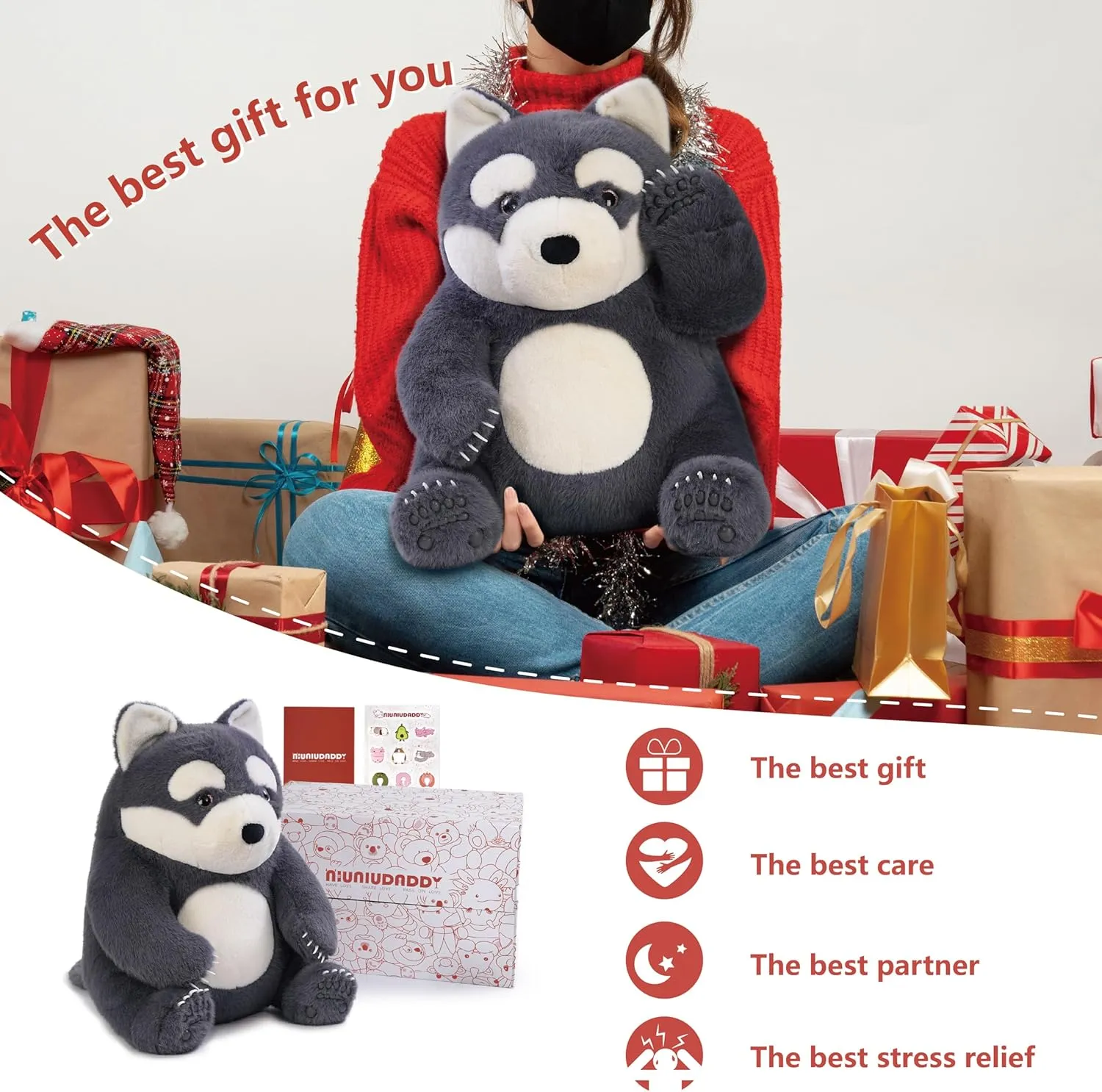 Niuniu Daddy 14" | 3.5 Pound Wolf Weighted Stuffed Animals, Giant Husky Pillowfort Lap Plush Toys for Kids Adults Baby, Large Cute Dog Puppy Body Pillow for Gift Present Birthday Christmas Holiday