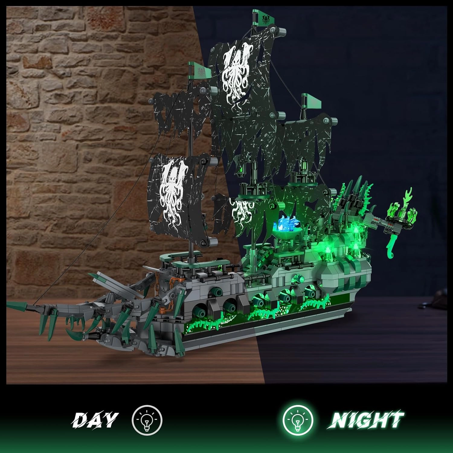 NUTCRACKER Pirate Ship Model Building Kits with LED Light, Ghost Ship Flying Dutchman Toy Building Set, Sailboat Model Home Easter Decor, Easter Birthday Gift for Adults Boys Girls（1100 Pieces）