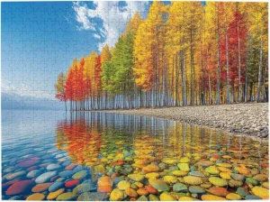 October Symphony Puzzles For Adults 500 Pieces,Sun-Dappled Birch Trees With Rainbow Leaves Over Waters, Challenging Fall Landscape,Complete With Family And Friends,Stunning Artwork