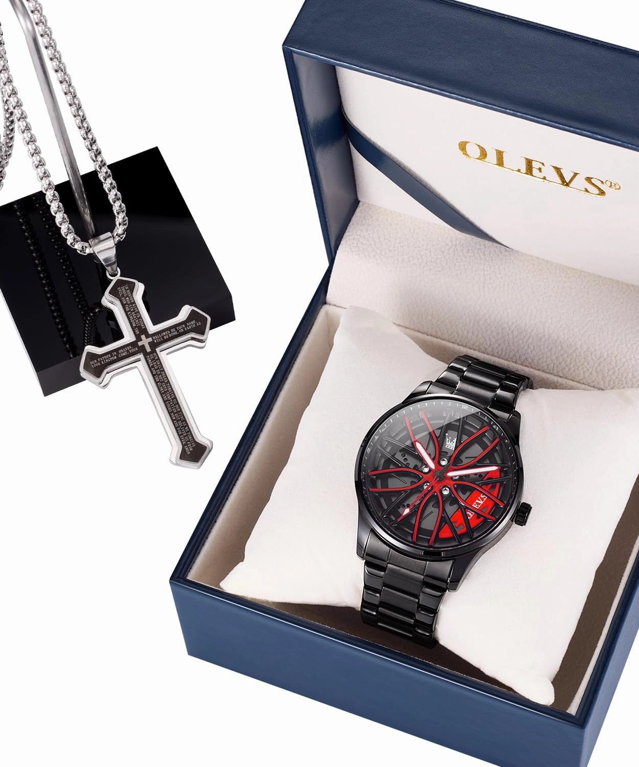 OLEVS Mens Wrist Watch Set Unique Car Wheel Luxury Fashion Skeleton Watch Stainless Steel Watches Suit