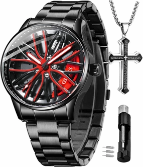 OLEVS Mens Wrist Watch Set Unique Car Wheel Luxury Fashion Skeleton Watch Stainless Steel Watches Suit