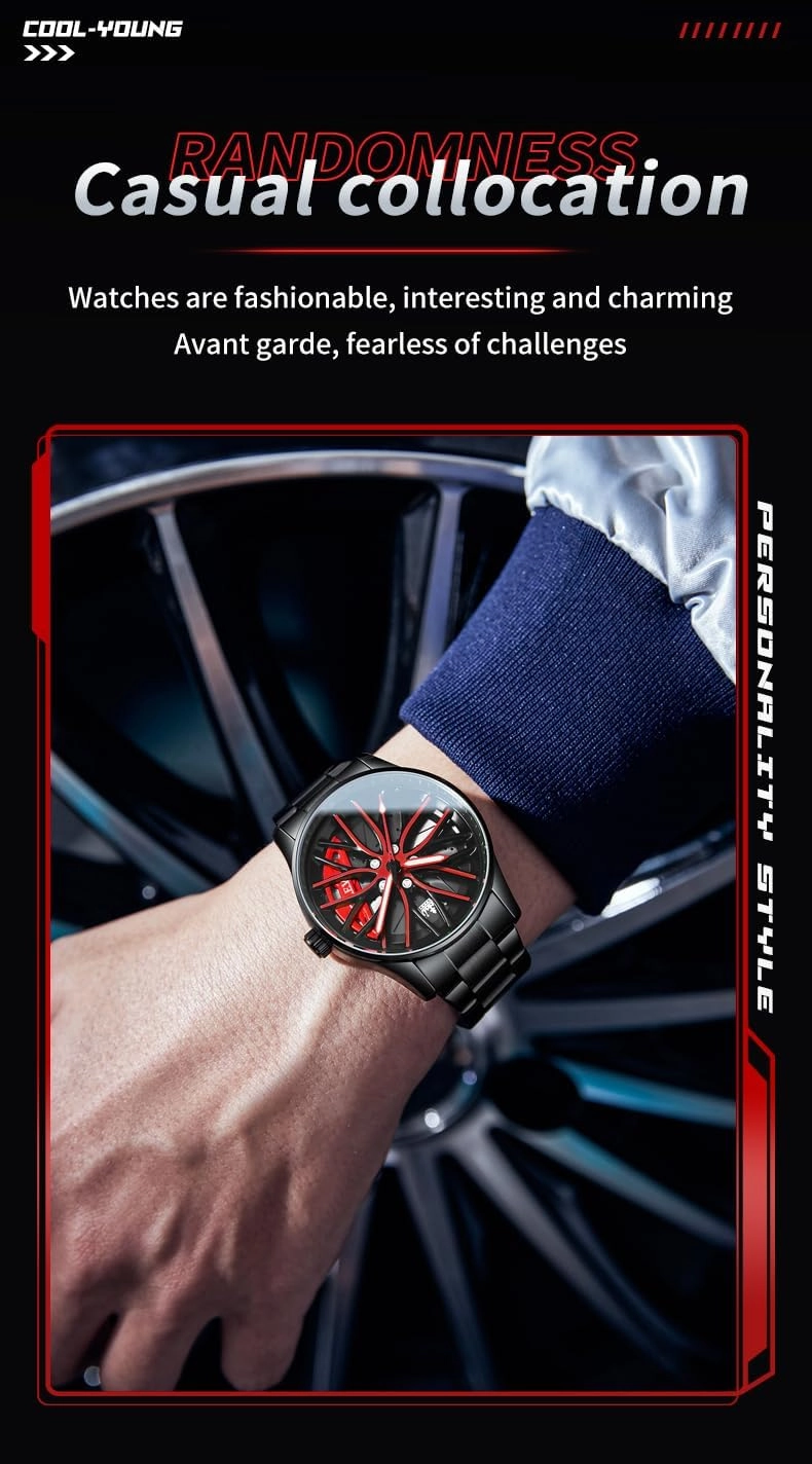 OLEVS Mens Wrist Watch Set Unique Car Wheel Luxury Fashion Skeleton Watch Stainless Steel Watches Suit