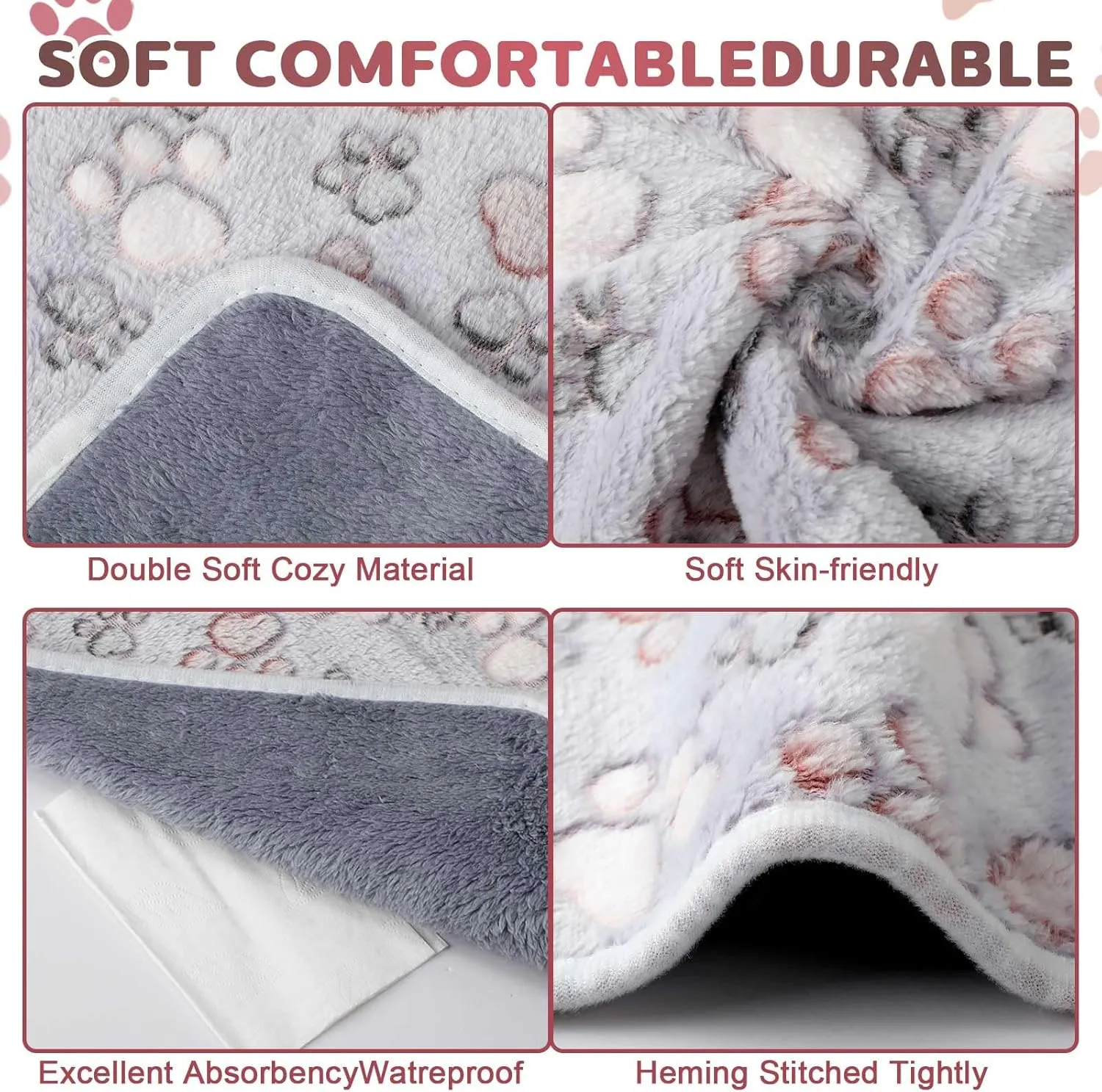 Panelee 4 Pcs Waterproof Dog Puppy Pee Pads Soft Cat Blankets Dog Sleep Mat Absorbent Pet Blanket Paw Pattern Whelping Warm Fleece Puppy Potty Training Pads Reusable (Gray,24 x 16 Inch)