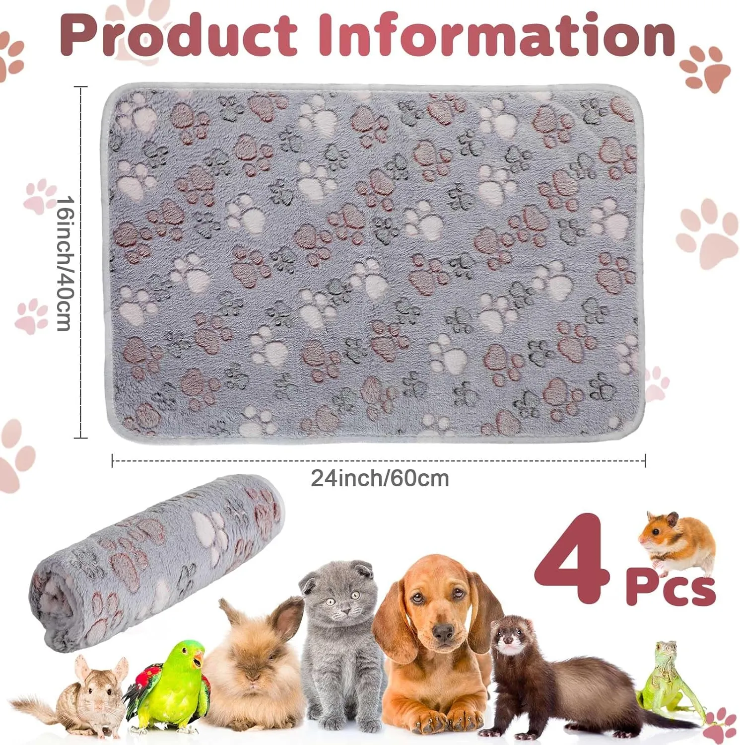 Panelee 4 Pcs Waterproof Dog Puppy Pee Pads Soft Cat Blankets Dog Sleep Mat Absorbent Pet Blanket Paw Pattern Whelping Warm Fleece Puppy Potty Training Pads Reusable (Gray,24 x 16 Inch)