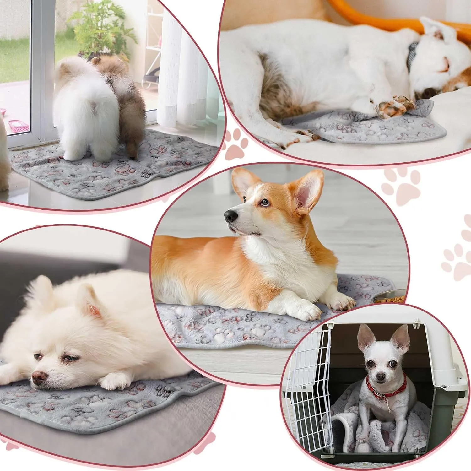 Panelee 4 Pcs Waterproof Dog Puppy Pee Pads Soft Cat Blankets Dog Sleep Mat Absorbent Pet Blanket Paw Pattern Whelping Warm Fleece Puppy Potty Training Pads Reusable (Gray,24 x 16 Inch)