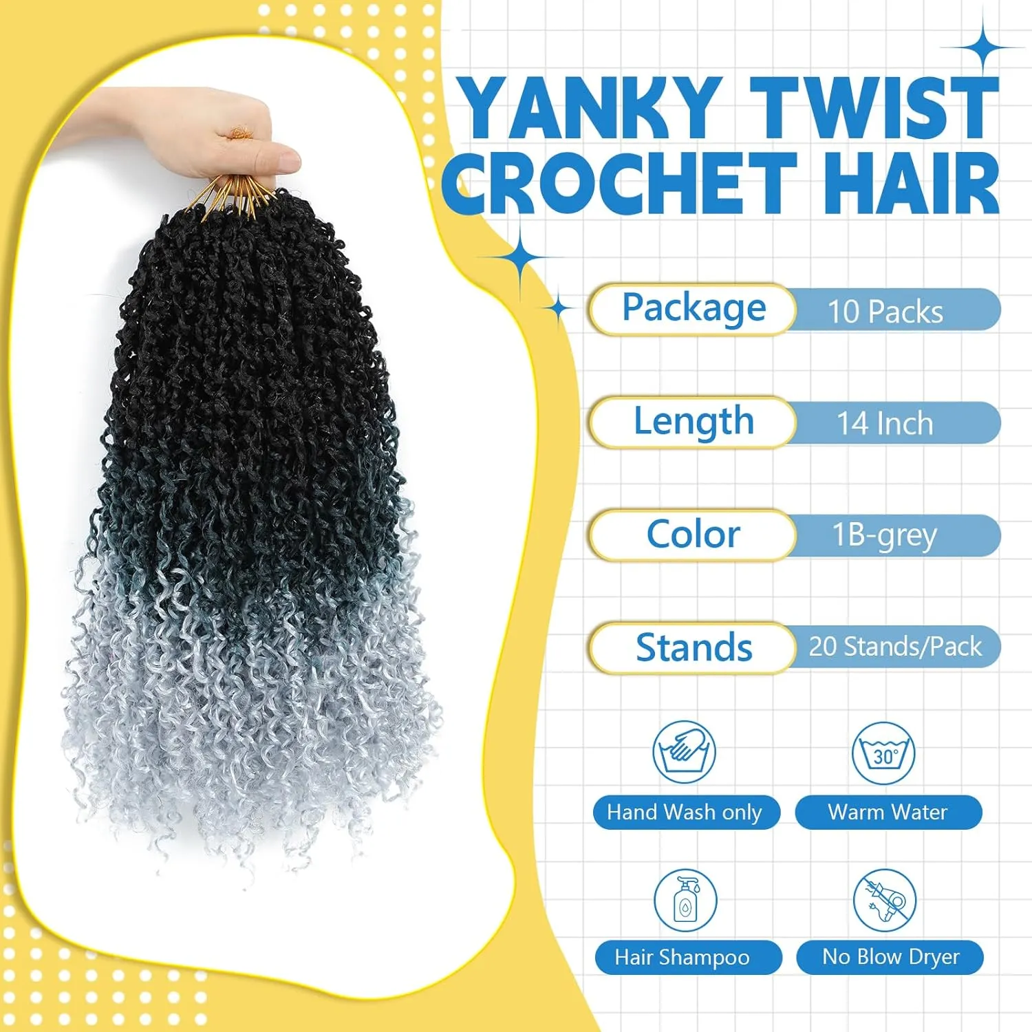 Passion Twsit Hair 14 Inch - 1B/Silver Yankee Twist Crochet Hair 10Packs Passion Twist Braiding Hair Prelooped Mini Spring Twist Crochet Hair for Black Women(14 Inch,1B/Silver)