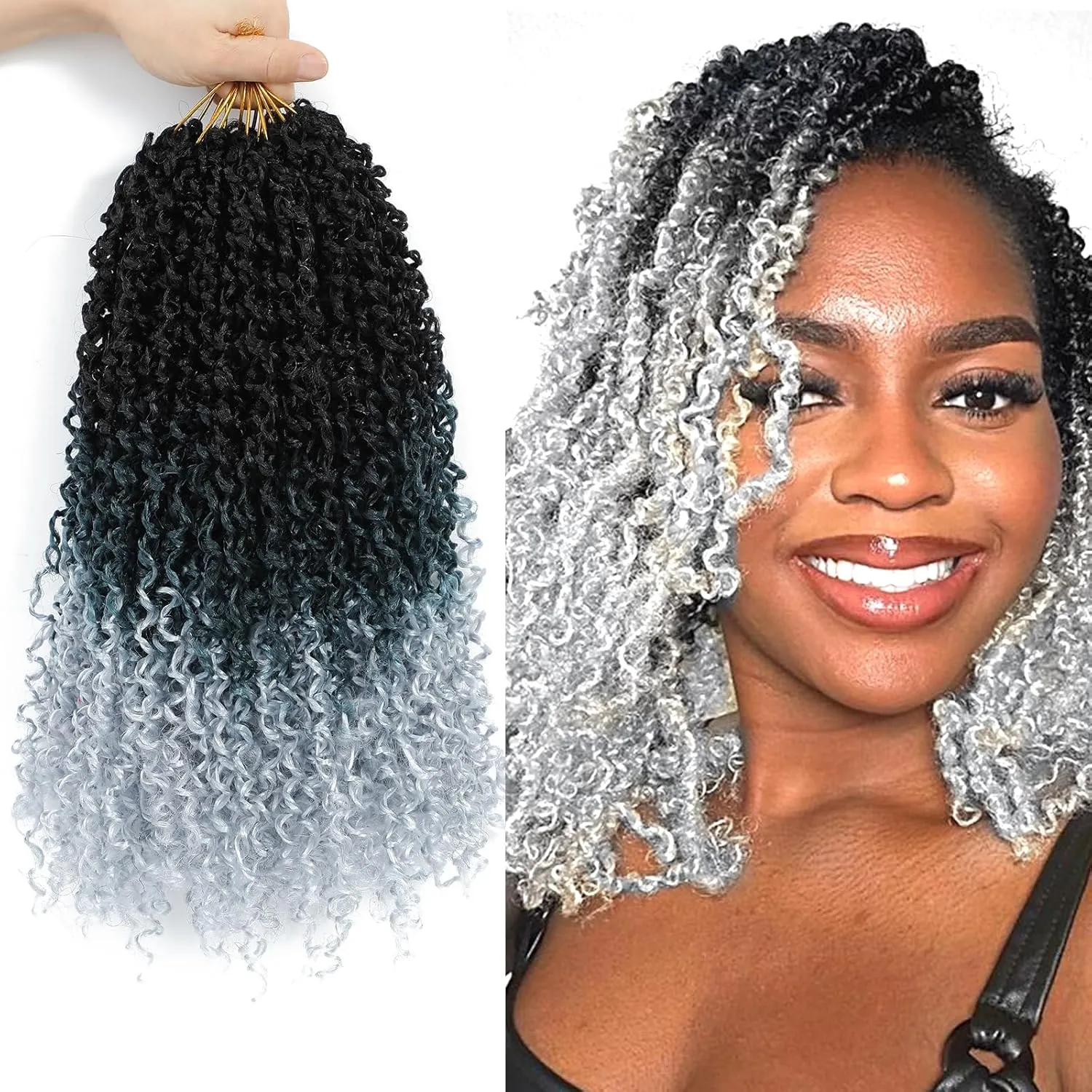 Passion Twsit Hair 14 Inch - 1B/Silver Yankee Twist Crochet Hair 10Packs Passion Twist Braiding Hair Prelooped Mini Spring Twist Crochet Hair for Black Women(14 Inch,1B/Silver)