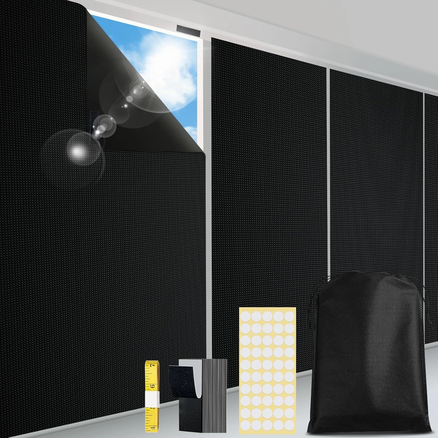 PChero Blackout Shades, 137"x59" Portable Blackout Window Cover Curtains with Hook and Loop Tape & Adhesive Dots & Storage Bag- No Drill Sun Blocking Black Out Blinds for Bedroom, Nursery, RV, Travel