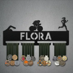 Personalized Triathlon Metal Medal Hanger Rack Custom Swim Bike Run Metal Medal Holder Customizable Triathlete Woman Medal Display Rack Sport Metal Medal Frame (Black, 11.81 Inch - 3 Hanger)