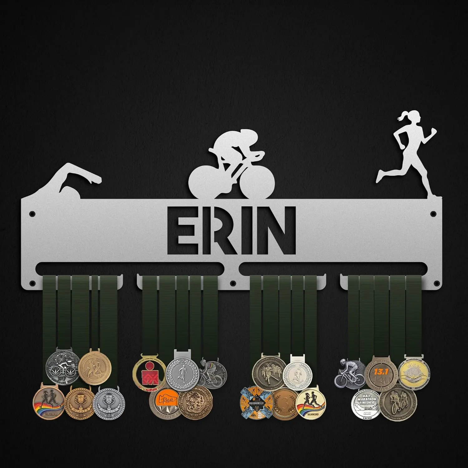 Personalized Triathlon Metal Medal Hanger Rack Custom Swim Bike Run Metal Medal Holder Customizable Triathlete Woman Medal Display Rack Sport Metal Medal Frame (Black, 11.81 Inch - 3 Hanger)