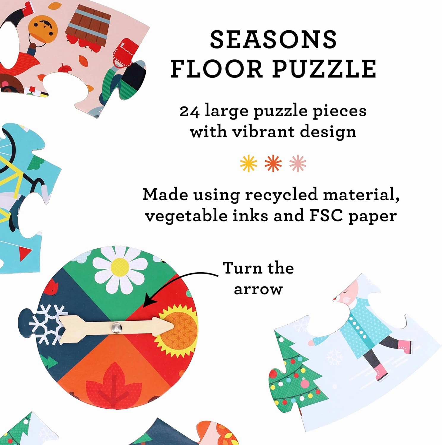 Petit Collage: Seasons Floor Puzzle - Learn The Four Seasons - Includes 25 Jumbo Pieces and a Moveable Hand to Point to a New Season - Great for Ages 3 