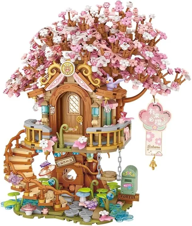 Pink Cheey Blossom Treehouse Mini Bricks Set, Potted Plant Building Block Set(1149PCS)