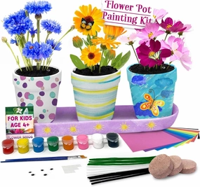Pinwheel Crafts Flower Pot Painting Kit – Paint Your Own Kids Gardening Set with Seeds, Soil, 8 Paints, 2 Brushes & 3 Pots – DIY Gardening Set for Kids Ages 4-8