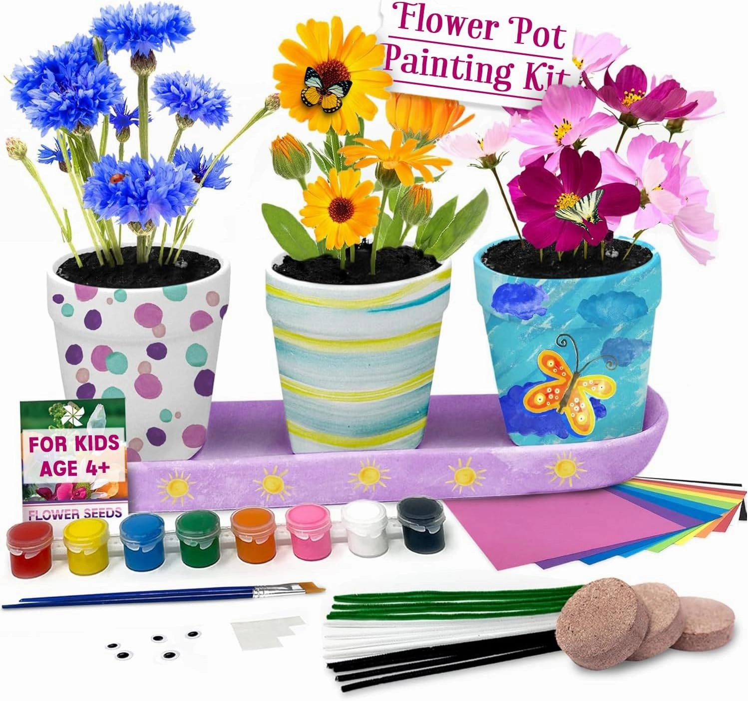 Pinwheel Crafts Flower Pot Painting Kit – Paint Your Own Kids Gardening Set with Seeds, Soil, 8 Paints, 2 Brushes & 3 Pots – DIY Gardening Set for Kids Ages 4-8