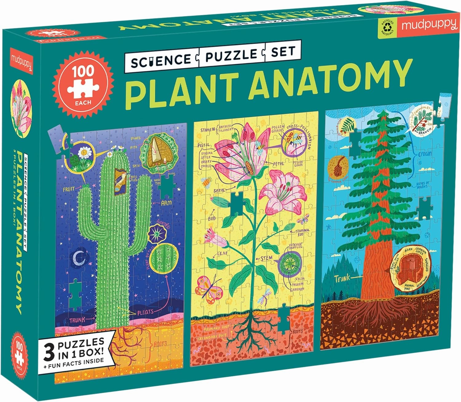 Plant Anatomy Science Puzzle Set from Mudpuppy - Includes Three 100 - Piece Puzzles with Colorful Illustrations, Ages 6 , Trifold Insert with Fun Science Facts Included