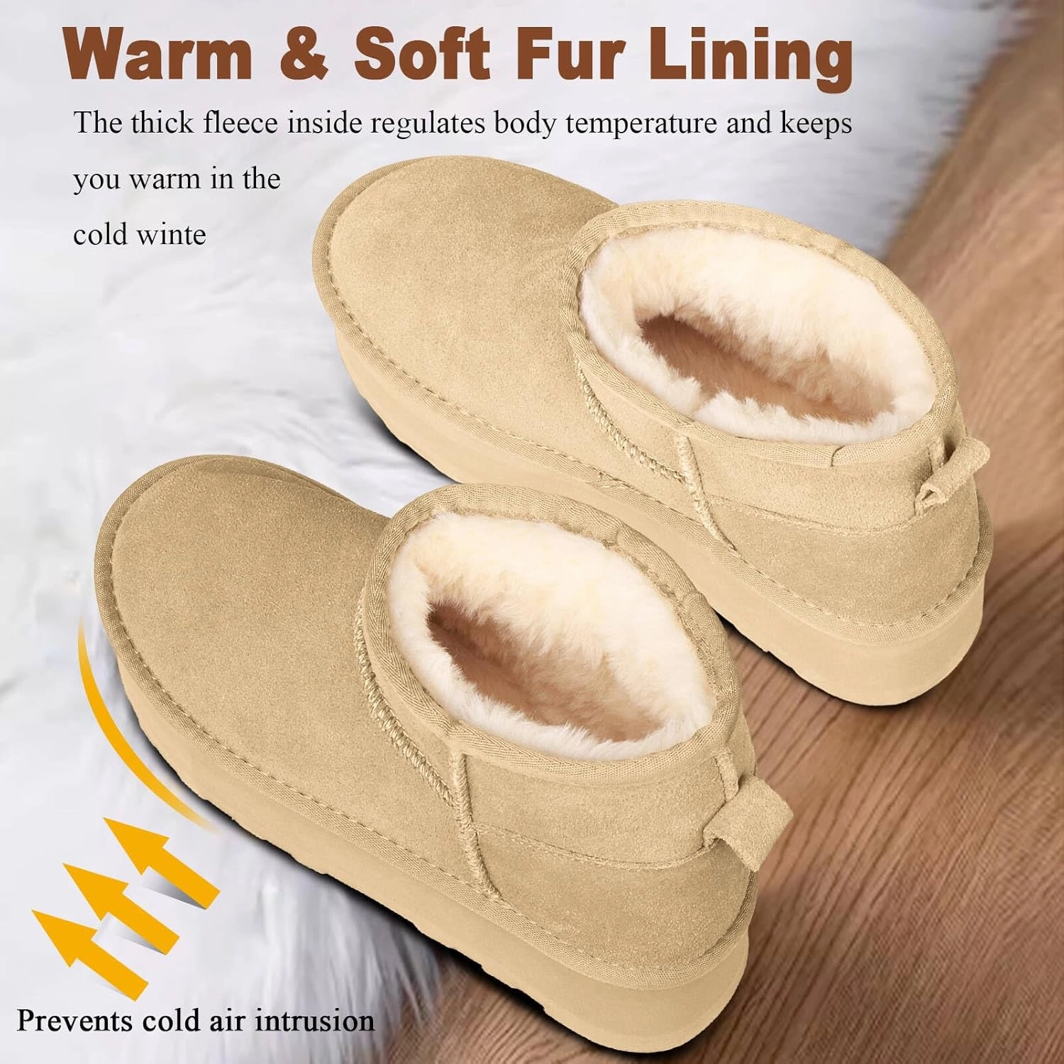 Platform Mini Boots for Women Suede Upper Winter Boots Warm Fur Fleece Lined Anti-Slip Sole Short Ankle Snow Boots for Indoor & Outdoor