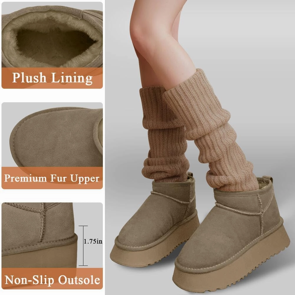 Platform Mini Boots for Women Suede Upper Winter Boots Warm Fur Fleece Lined Anti-Slip Sole Short Ankle Snow Boots for Indoor & Outdoor